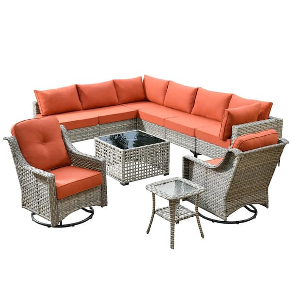 Howell 10-Piece Wicker Outdoor Patio Conversation Sofa Furniture Set with Swivel Rocking Chairs and Red Cushions