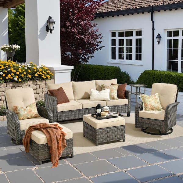 Audrey Gray 6-Piece Wicker Outdoor Patio Conversation Set With Rocking Swivel Chairs and Beige Cushions.