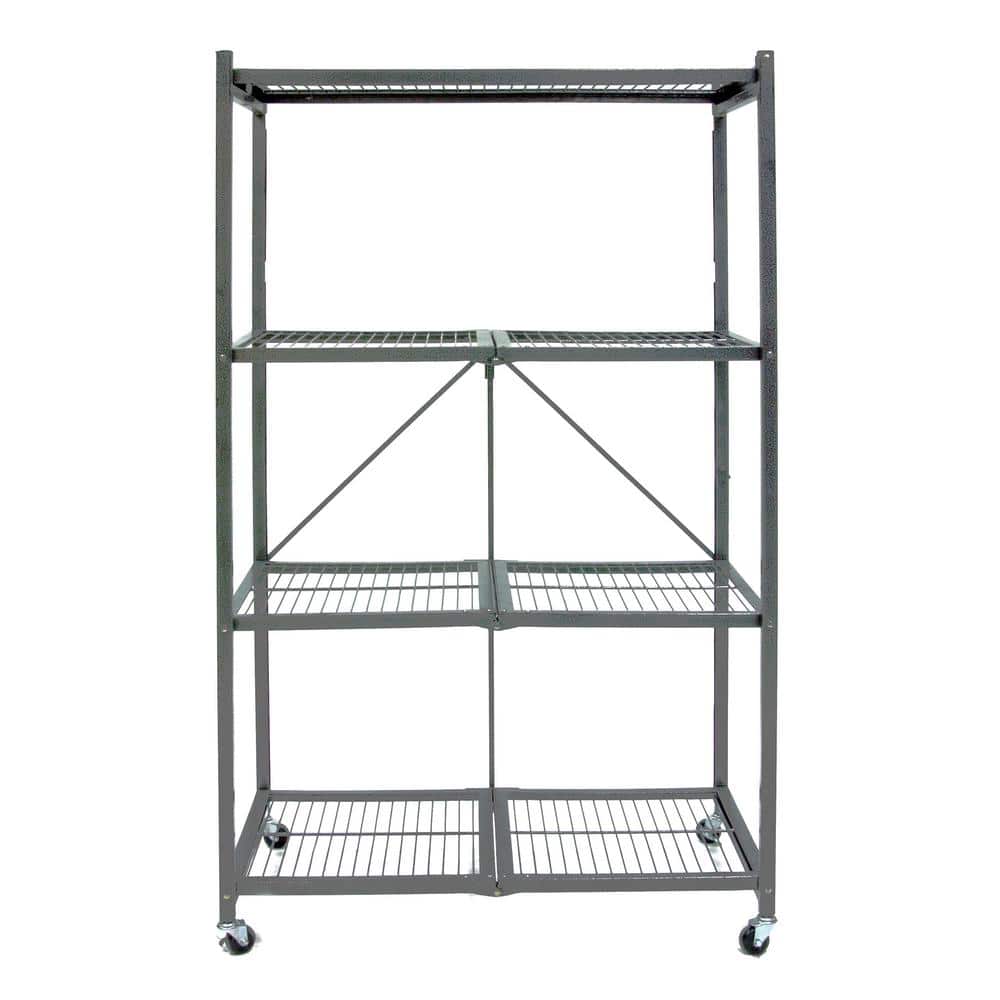 Pewter 4-Tier Foldable Wire Storage Rack with Wheels