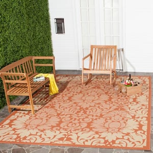 Courtyard Terracotta/Natural 7 ft. x 7 ft. Square Floral Indoor/Outdoor Patio  Area Rug