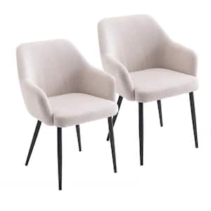 Cream Linen Upholstered Dining Chair Set of 2 with Metal Legs