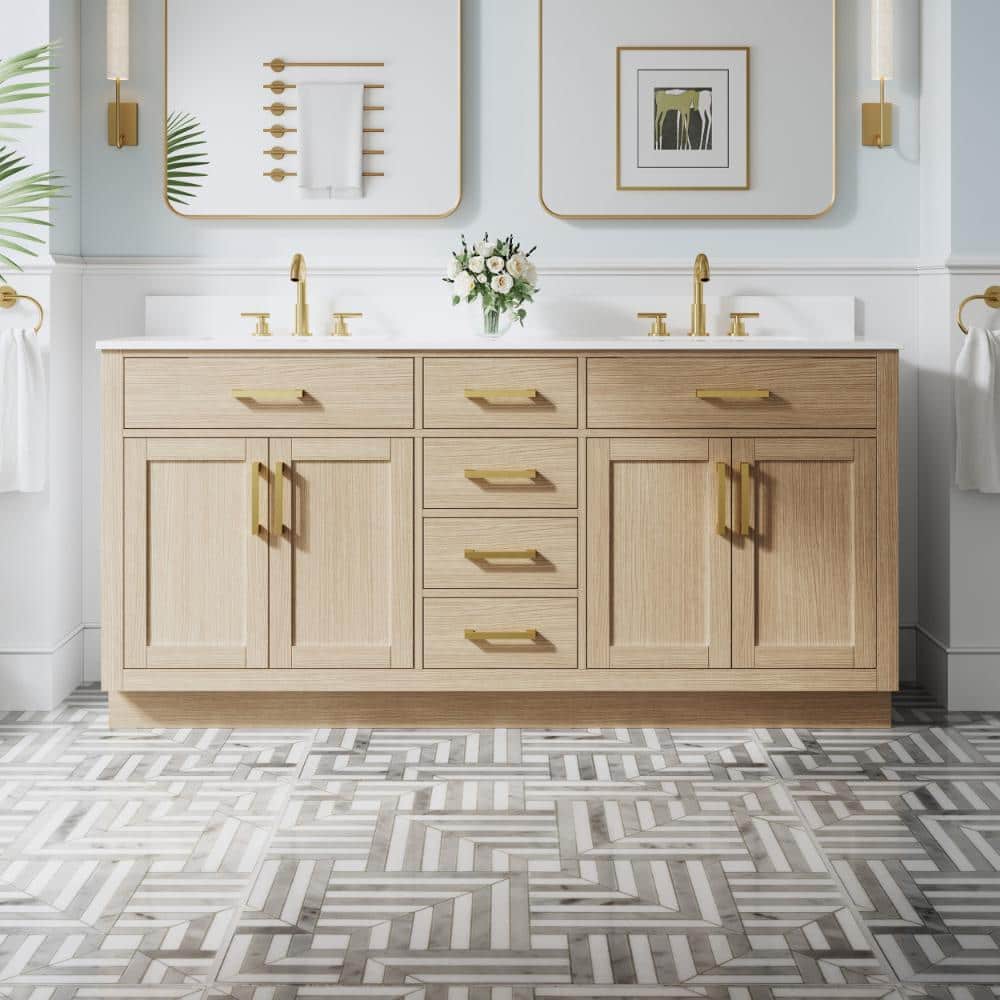 72 in. OAK Solid Wood Freestanding Bath Vanity with White Cultured Marble Top, Brushed Gold Pulls, Assembled price history on PriceWatchPro