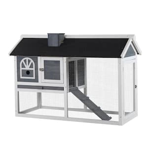 Pawhut Grey Wooden Rabbit Hutch 4 Door House With Ramp, Removable Tray 