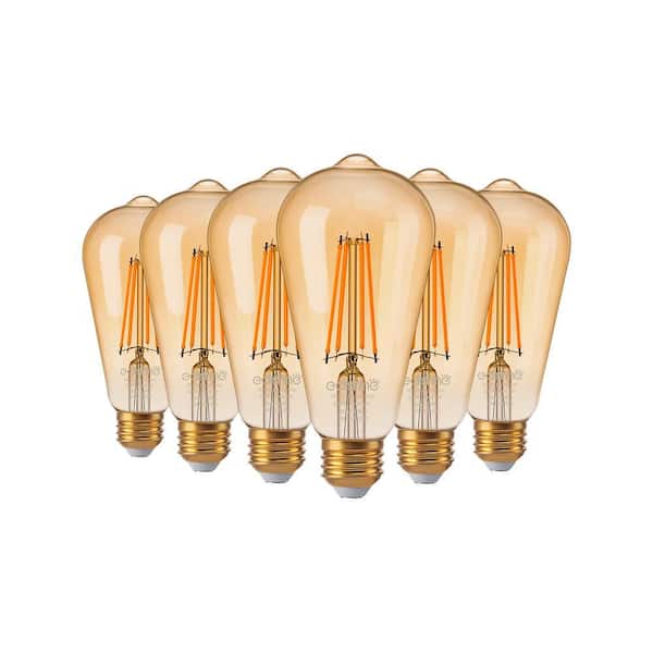 60-Watt Equivalent ST64 Dimmable Straight Filament Amber Glass Vintage Edison E26 LED Light Bulb, 2200K Warm (6-Pack)