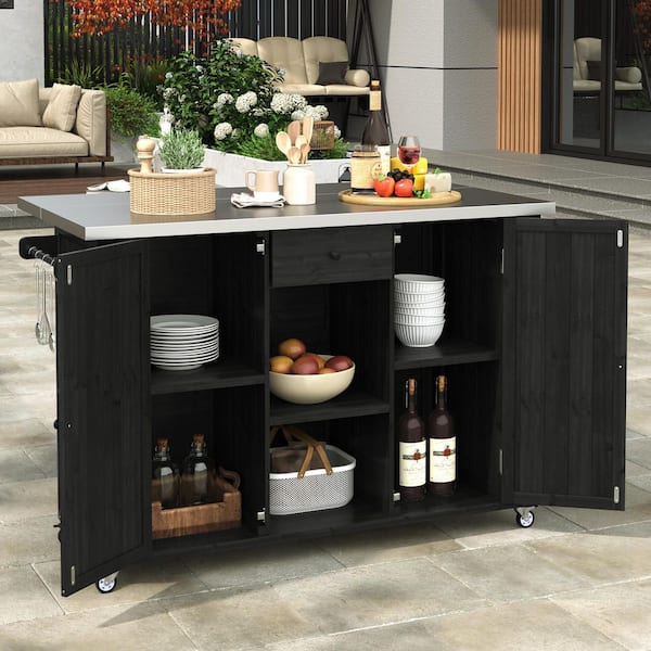 Harper & Bright Designs Outdoor Black Fir Wood Kitchen Cart with Stainless Steel Top, a Bottle Opener, Towel Rack, Spice Rack, 1-Drawer