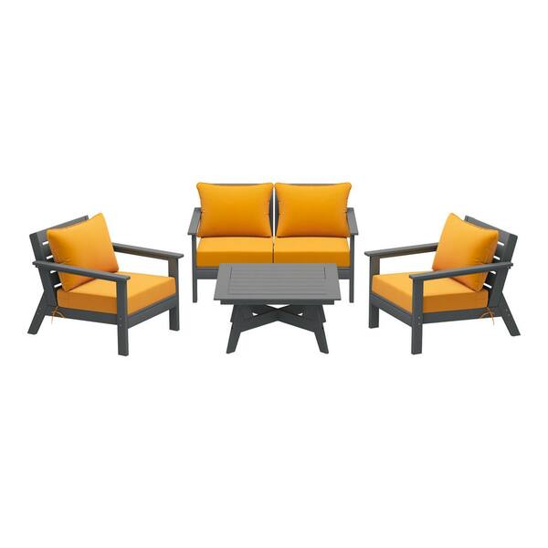 WESTIN OUTDOOR Birchwood Gray Arrangeable 5-Piece Outdoor Patio HDPE Deep Seating Conversation Lounge Set w/ Yellow Cushions