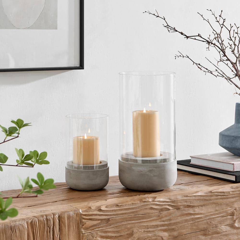 Small Cool Gray Cement Base and Glass Hurricane Candle Holder