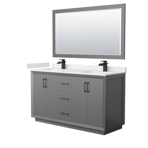 Wyndham Collection Strada 60 in. W x 22 in. D x 35 in. H Double Bath Vanity in Dark Gray with White Quartz Top and 58 in. Mirror