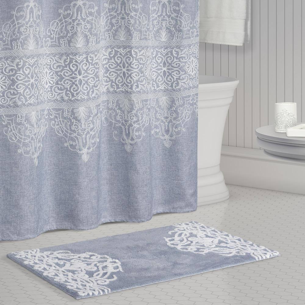 Powder Blue Faux-Linen Embroidered Shower Curtain