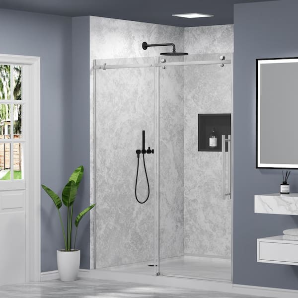 56-60 in. W x 74 in. H Single Reversible Sliding Frameless Shower Door in Brushed Nickel with Nano-Coated Tempered Glass