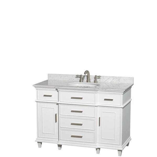 Wyndham Collection Berkeley 48 in. Vanity in White with Marble Vanity Top in Carrara White and Oval Basin