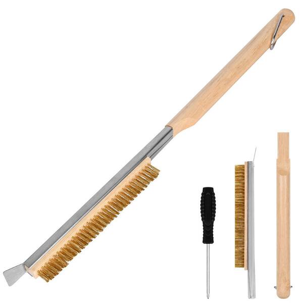 21 in Pizza Oven Brush with Brass Bristles and Stainless Steel Scraper for Pizza Stone and BBQ Grill
