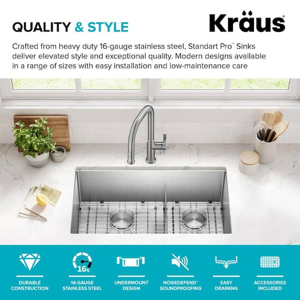 KRAUS Standart PRO 32 in. Undermount 60/40 Double Bowl 16 Gauge
