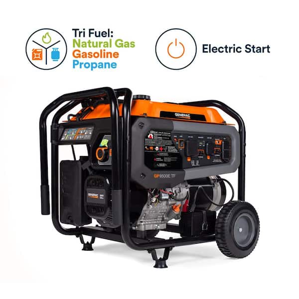 12500/9500-Watt Tri-Fuel Portable Generator, Easy-To-Use Electric Start, Wheel and Handle Kit Included