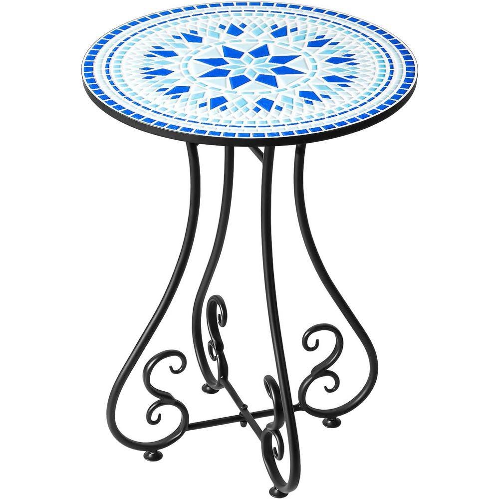 Persian Blue Relief Ceramic Tile Tabletop with Metal Frame Round Outdoor Si