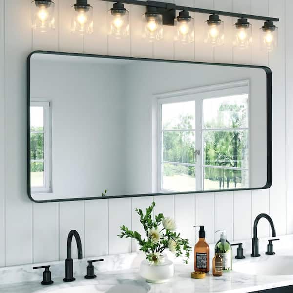 60 in. W x 30 in. H Rectangular Aluminum Framed Wall Bathroom Vanity Mirror in Black