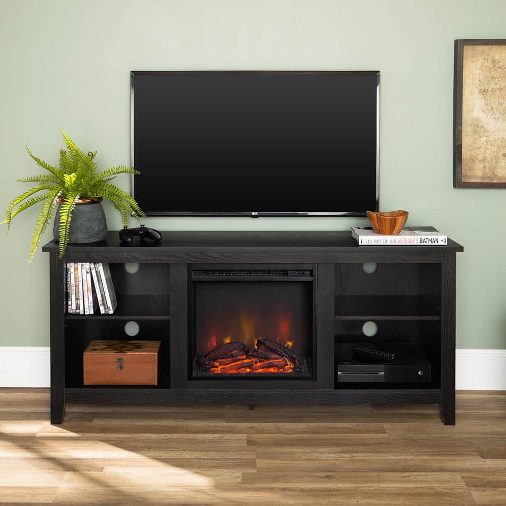 Essential 58" Black Wood Media Stand with Electric Fireplace