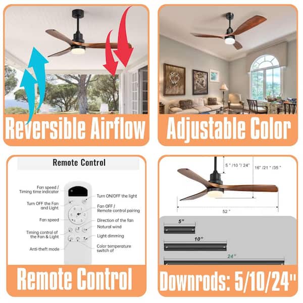 52 in. Brown Ceiling Fan Light With 6 Speed Downrod Mount Remote Reversible Energy-saving DC Motor