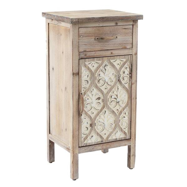 Antiqued White Carved Side Table Nightstand French Country Farmhouse w/ Drawer 