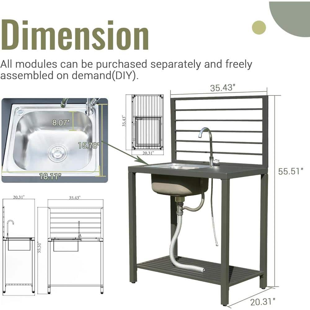 Gray Aluminum Outdoor Kitchen Island with Sink and Storage