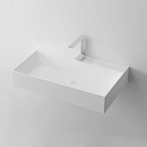 36 in. W x 18 in. D x 5.5 in. H Solid Surface Wall Mount Rectangle Matte White Vessel Sink w/ Faucet Hole