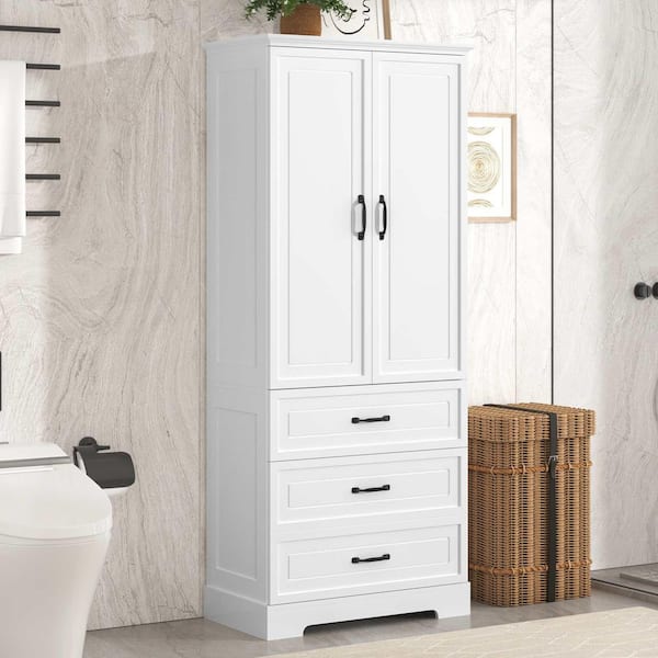 White 68.9 in. H Accent Cabinet, Bathroom Storage Cabinet with 2 Doors and Drawers, Adjustable Shelf