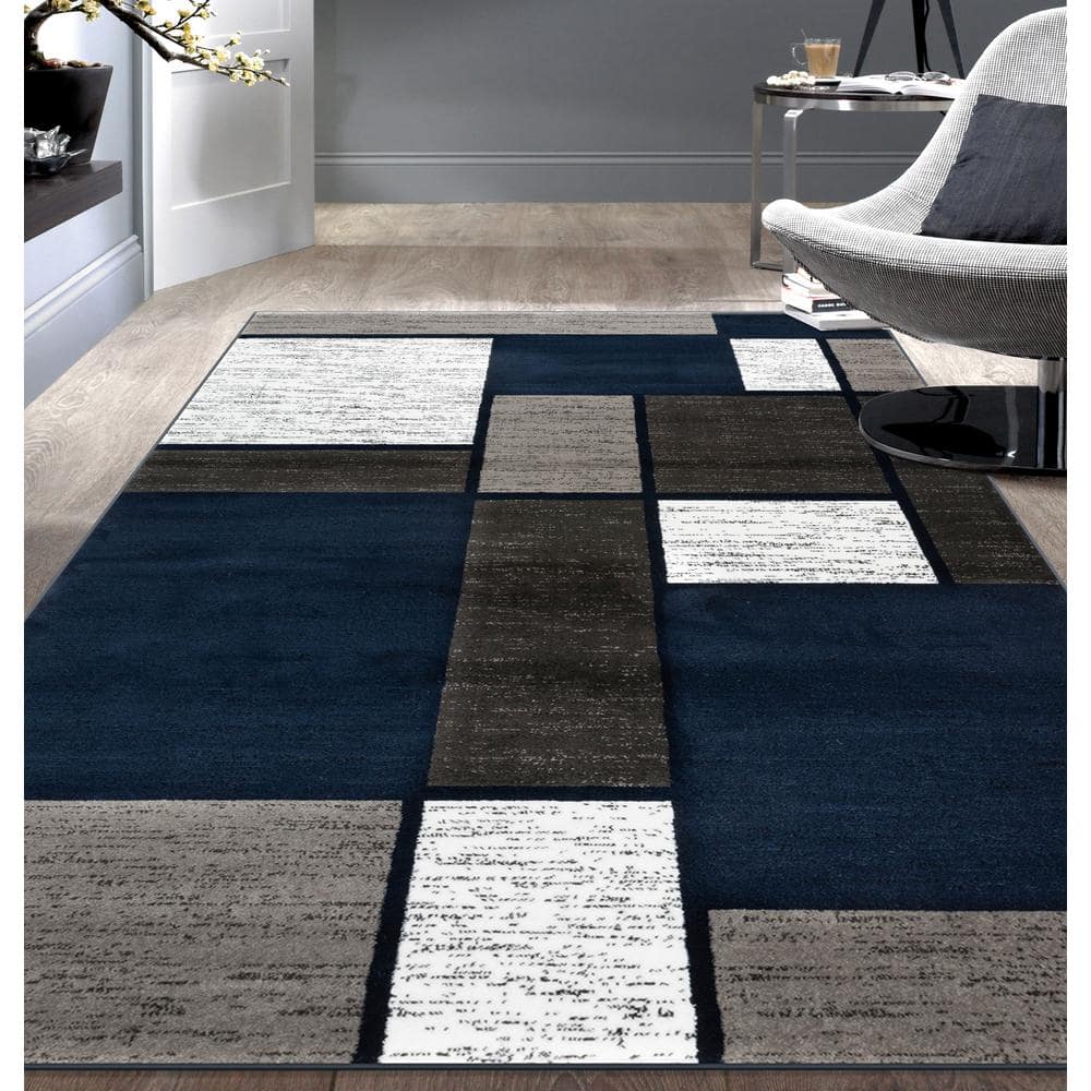 Navy Geometric Rectangular Washable Area Rug