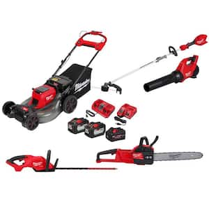 M18 FUEL Brushless 21 in. Self-Propelled Mower w/ String Trimmer, Blower, Hedger, Chainsaw, (2) 12Ah & (1) 8Ah Batteries