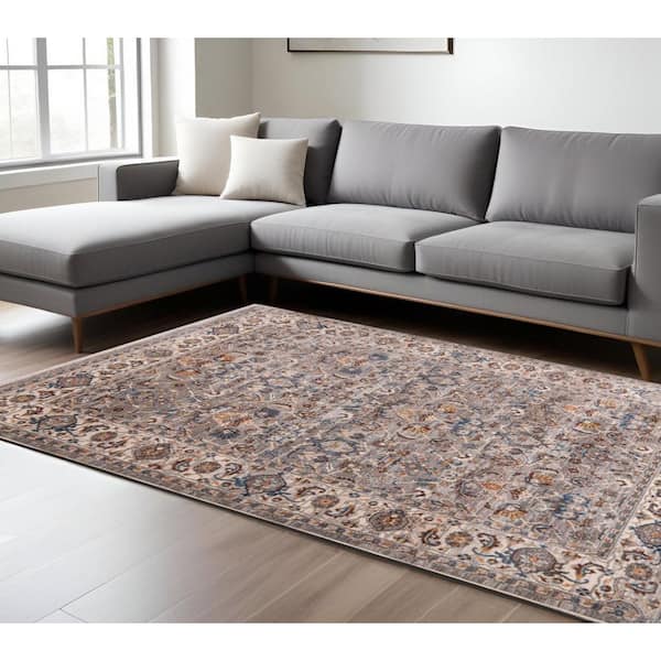 9 ft. x 13 ft. Gray Tan And Beige Oriental Area Rug With Fringe