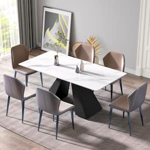 70.87 in. White Sintered Stone Tabletop Kitchen Dining Table with Modular Black V Shaped Pedestal Base (6 Seats)