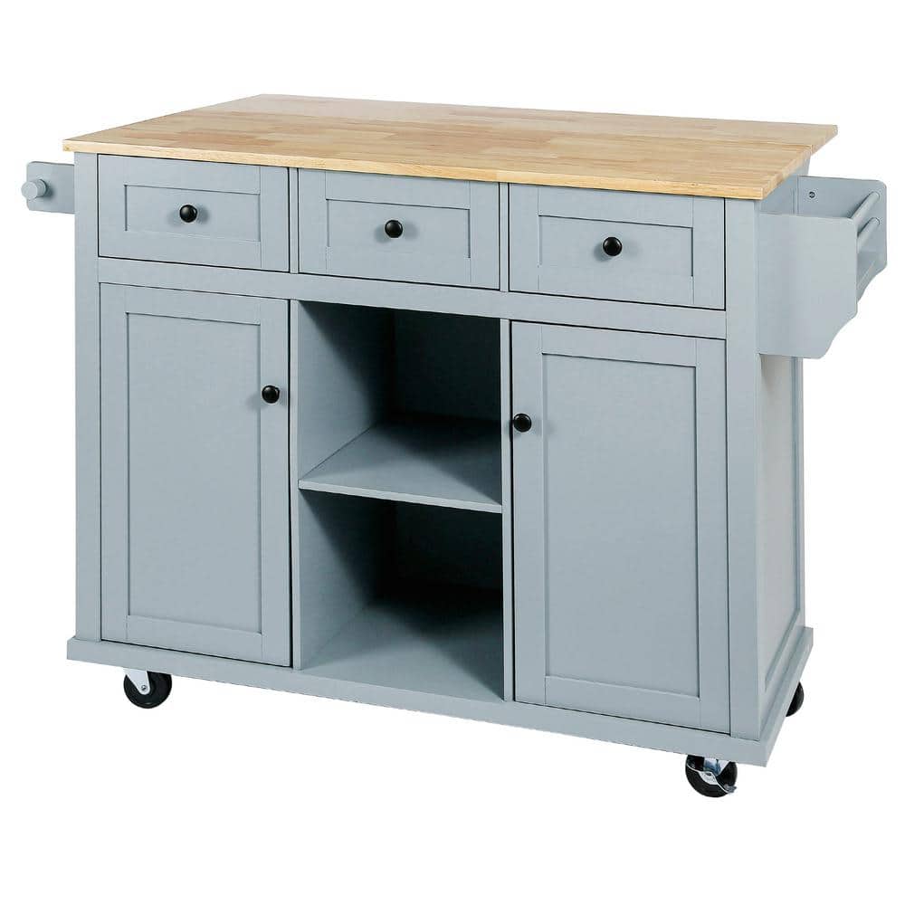 Grey Blue Rubber wood 53.10 in. W Kitchen Island with 5 Wheels Storage Cabi
