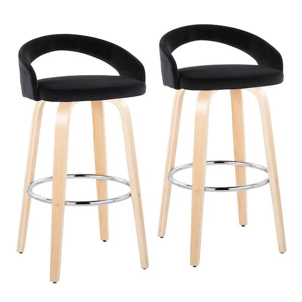 Grotto Upholstered 29 in. Black Velvet, Natural Wood, and Chrome Metal Fixed Height Barstool (Set of 2)