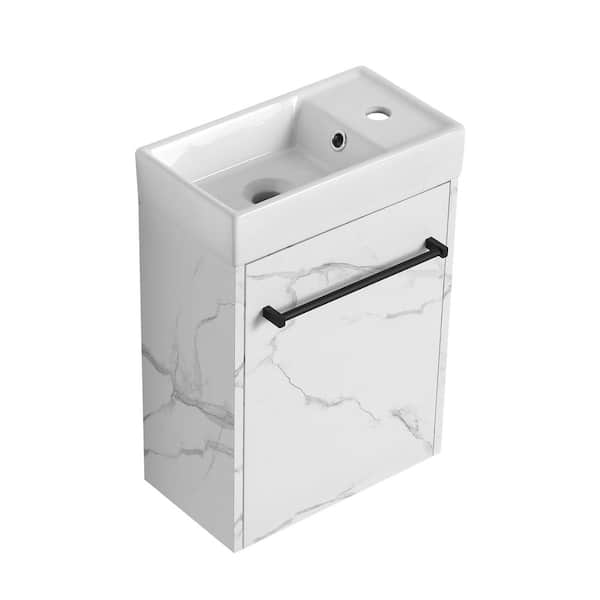 16 in. W x 9 in. D x 22 in. H Floating Wall Mounted Bath Vanity in White with Ceramic Top and Marble Testure