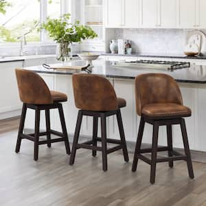 26 in. Brown Wood Frame Swivel Cushioned Bar Stool with Faux Leather, Swivel Counter Stool (Set of 3)