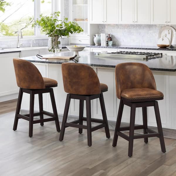 OrangeOne 26 in. Brown Wood Frame Swivel Cushioned Bar Stool with Faux Leather, Swivel Counter Stool (Set of 3)