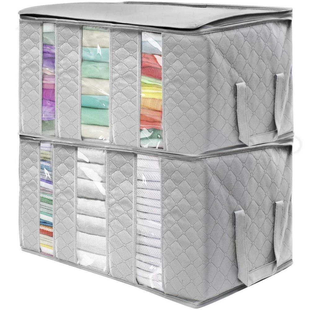 Foldable Storage Bag Organizers with Sections, Window, and Handles, Gray 24 in. x 13 in. Fabric Decorative Box Set of 2