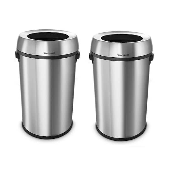 Alpine Industries 17 Gal. Heavy-Gauge Stainless Steel Round Commercial Trash Can with Open Top Lid (2-Pack)
