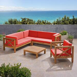 Brava Teak Brown 5-Piece Wood Patio Conversation Sectional Seating Set with Red Cushions