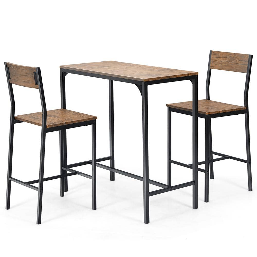 Costway 3-Piece Rectangle Brown Wood Top Bar Table Set Industrial