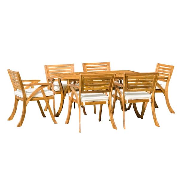 Noble House Hermosa Teak 7-Piece Wood Rectangular Outdoor Dining Set with Cream Cushions