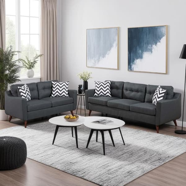 Roli 30.3 in. Square Arm Polyfiber Rectangle Shape with 4 Accent Pillow Sofa in. Black and Brown (Set of 2)