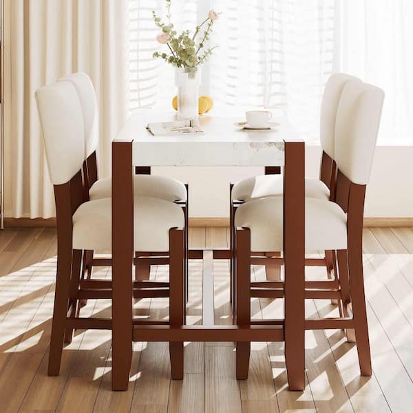 5-Piece Rectangle Beige Brown Wood Top Dining Room Set Seats 4