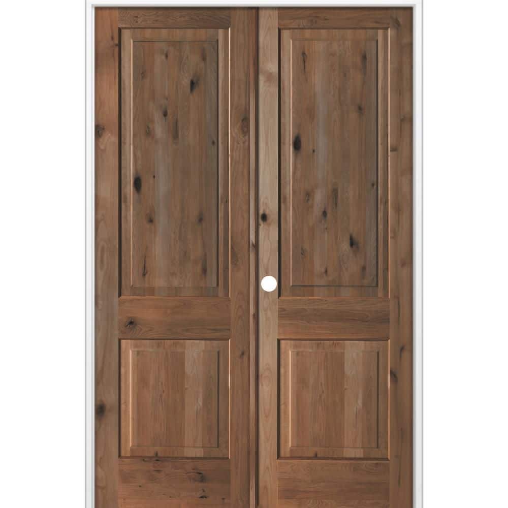 60 in. x 96 in. Rustic Knotty Alder 2-Panel Right Active Solid Core BEHR True Black Stain Double Prehung Interior Door price history on PriceWatchPro