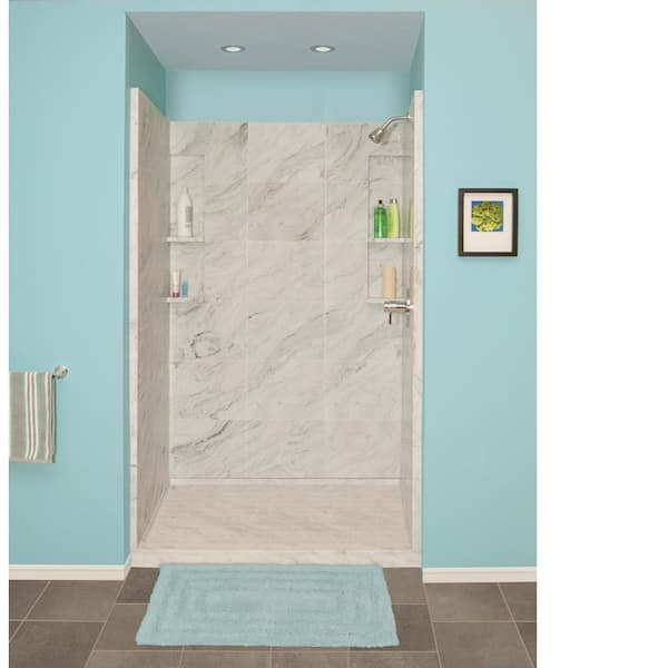 Transolid 48 in. x 34 in. x 83 in. 4-Piece Direct-to-Stud Alcove Shower Kit with Base in White Carrara