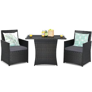 3-Piece Black Wicker Patio Conversation Set with Gray Cushions and Sofa Armrest