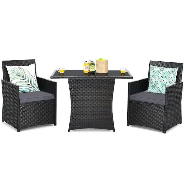 Alpulon 3-Piece Black Wicker Patio Conversation Set with Gray Cushions and Sofa Armrest