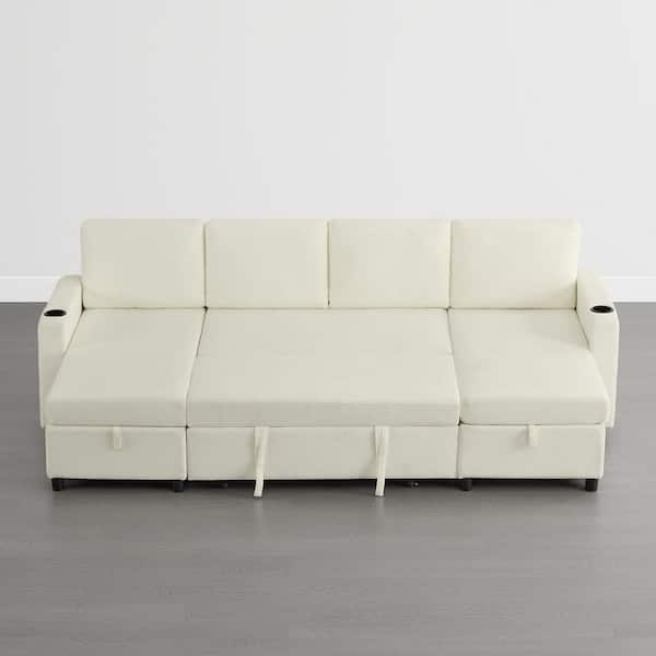 Yale 108.7 in. Beige Polyester Fabric Full Size Sofa Bed w/ 2-Chaise Cup Holders USB & Type-C Charing Ports Side pockets