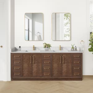 Jakarta 84 in. W. x 22 in. D x 33.9 in. H Double Bath Vanity in Aged Dark Brown Oak with Silk White Quartz Stone Top