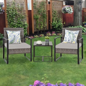 3-Piece Set Of Wicker Patio Outdoor Bistro Set with Gray Cushions and Gray Frame