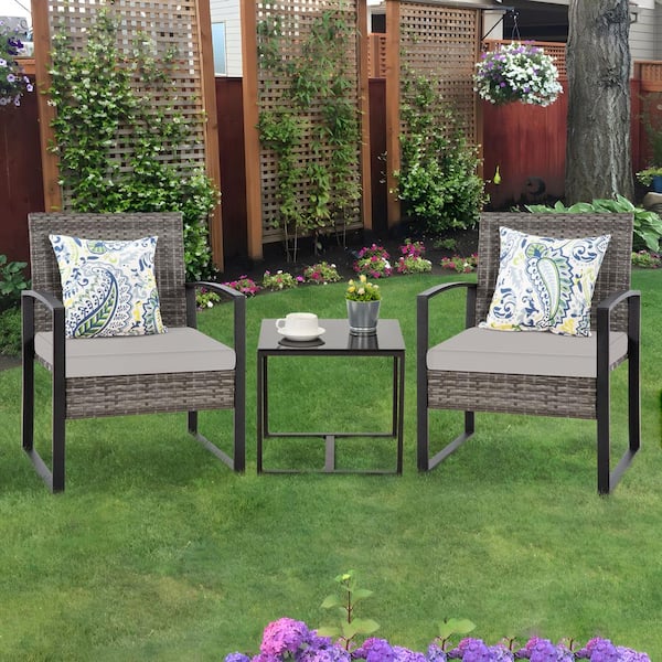 Unbranded 3-Piece Set Of Wicker Patio Outdoor Bistro Set with Gray Cushions and Gray Frame
